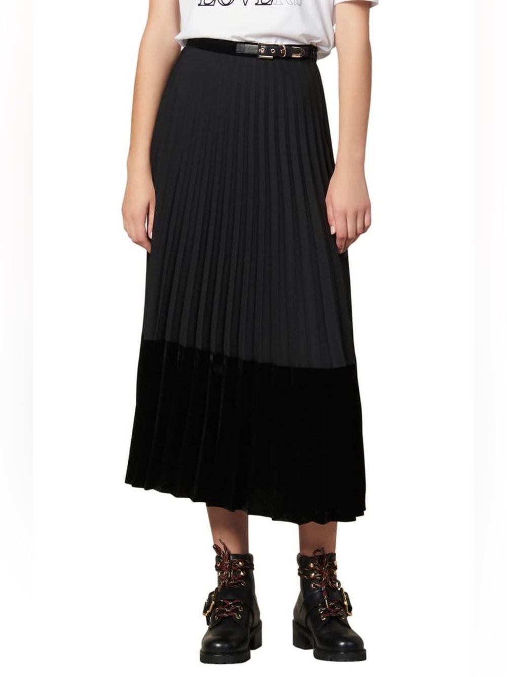 Sandro Velna Black Pleated Velvet Trim Two-Tone Midi Skirt